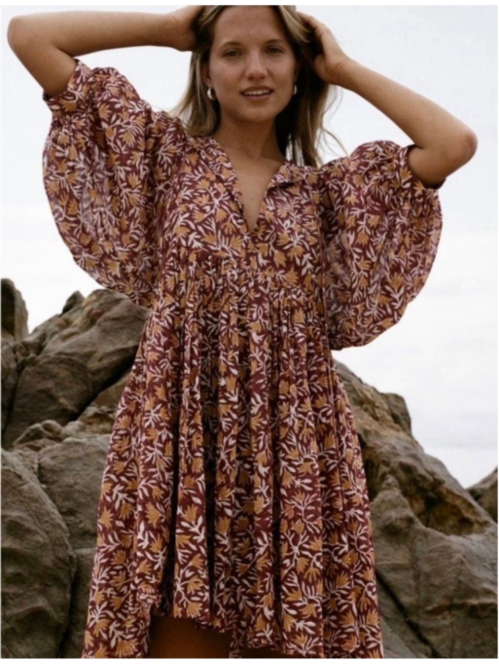 Daughters of India Kyra Mini Dress Sumac Red Floral Boho Cotton Gauze Large